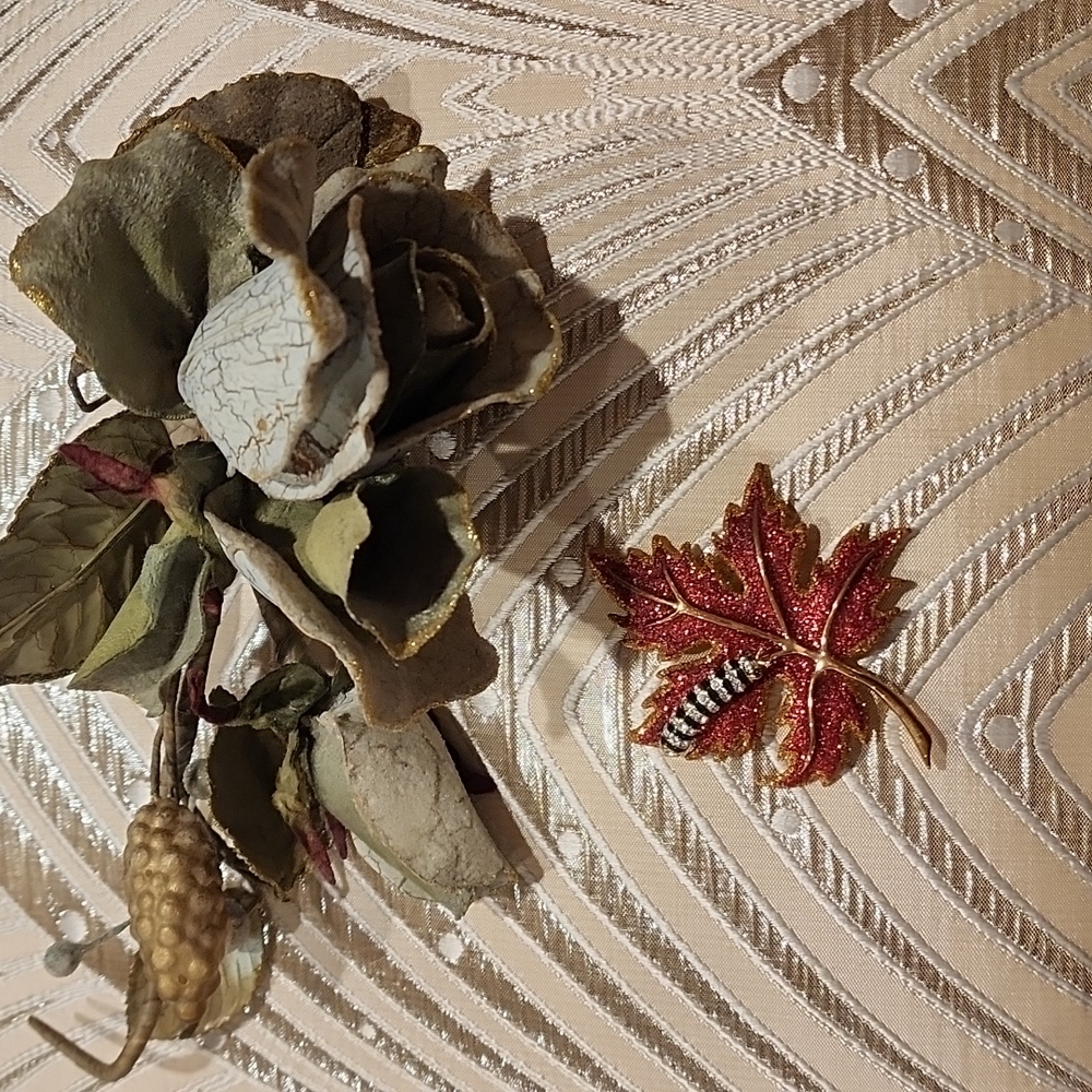 Joan Rivers Vintage Red Glittering Maple Leaf with Caterpillar Brooch